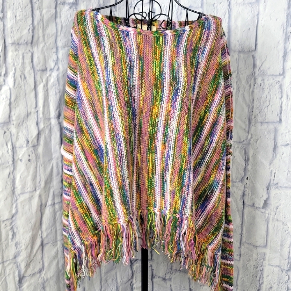 Kye Mi Multicolor Knit‎ Poncho Sweater Small Oversized Fringe Boho